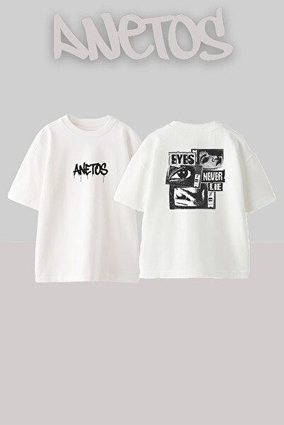 Anetos Punk Eyes Design Printed Unisex Oversize White Tshirt