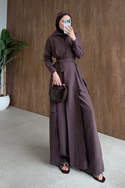 Hazamoda Celine Yırtmaçlı Pantolonlu Takım Kahve