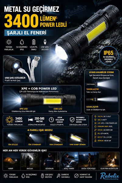 Rabelix Online Marketing 3400 Lümen Şarjlı LED El Feneri Metal Gövde Zoomlu C...