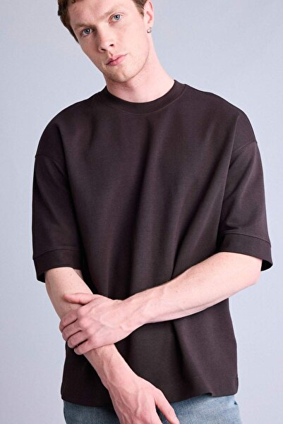 DeFacto Loose Fit Crew Neck Short Sleeve Heavy Fabric Basic Brown T-Shirt B48...