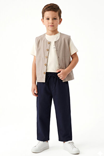 bebegen Boy's Beige Vest and Navy Trousers 3-Piece Luxury Set