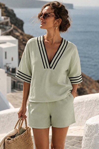 Madmext Green V-Neck Stripe Detailed Women's Shorts Set Mg2865