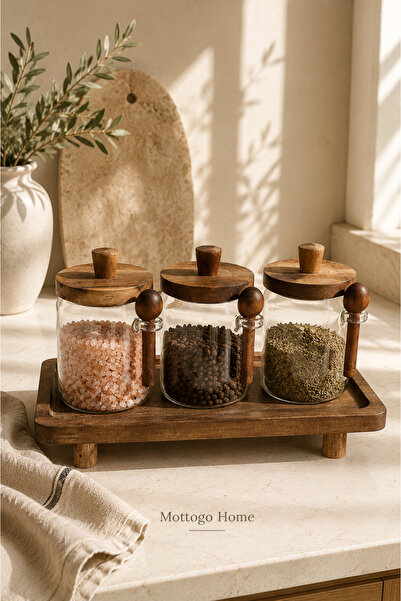 Mottogo Set of 3 700 ml Glass Jars with Acacia Wood Lids |   Spice Container ...