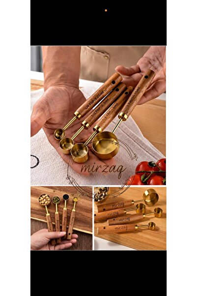 MirzaQ 4 Adet Gold Paslanmaz Çelik Ahşap Saplı Ölçü Kaşığı Seti Ölçü Kabı 1.2...