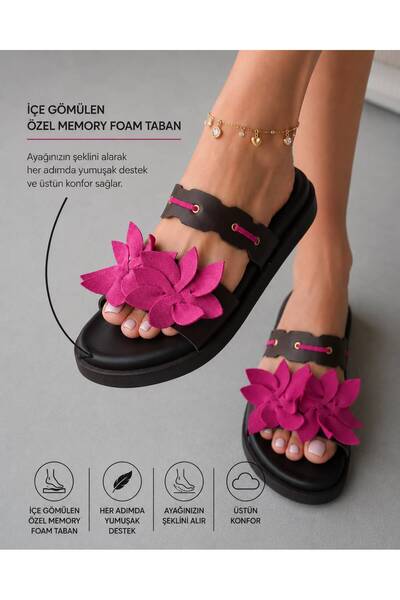 AYS SHOES Women's Leather Comfortable Sole Slippers with Floral Accessories