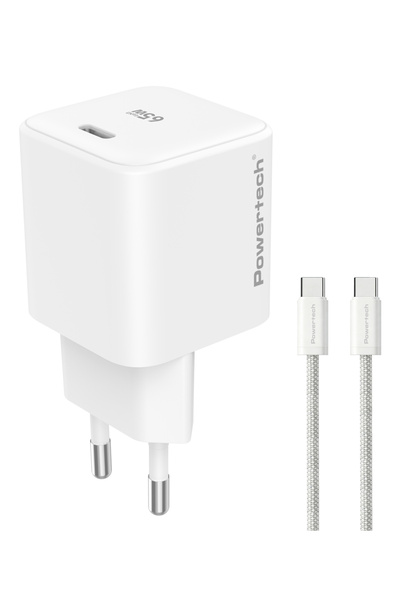 POWERTECH φορτιστής τοίχου PT-1577 με καλώδιο, USB-C, 65W, GaN, AVS, λευκός
