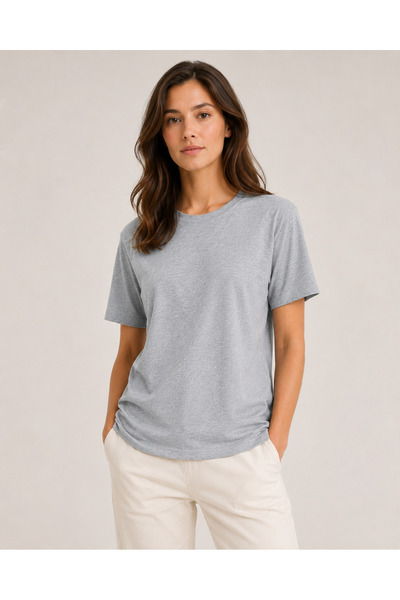 Hediyesepeti Kadın Regular Fit Bisiklet Yaka Kısa Kollu Tişört %100 Pamuklu T-Shirt Gri Renk
