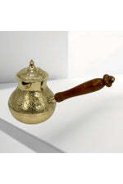 Al Athar Arts Brass Turkish Coffee Warmer Pot with Lid and Wooden Handle(H:6'.5''W:5''Capacity:650ml)