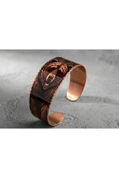 Erol Bakır Copper Brown Bear Patterned Wide Adjustable Cuff Bracelet