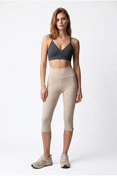 Mixray 2140 Women's High Waist Slit Capri Leggings Natural