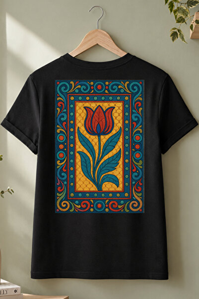Spoyi Ottoman Tulip Design 100% Cotton Half Oversize Black T-Shirt