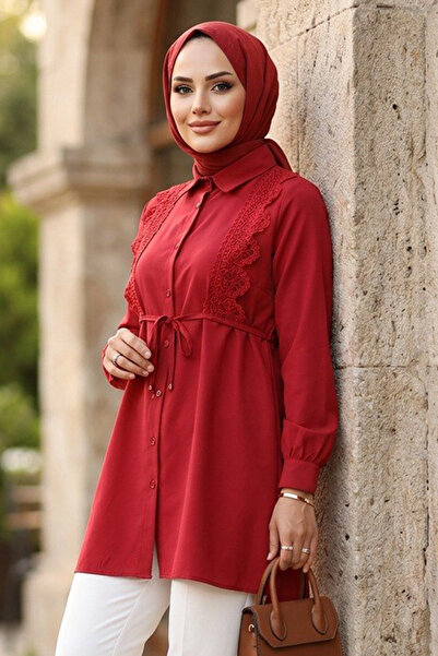 N.S NEVA STYLE Dantel Detaylı Kırmızı Tesettür Tunik 20384K