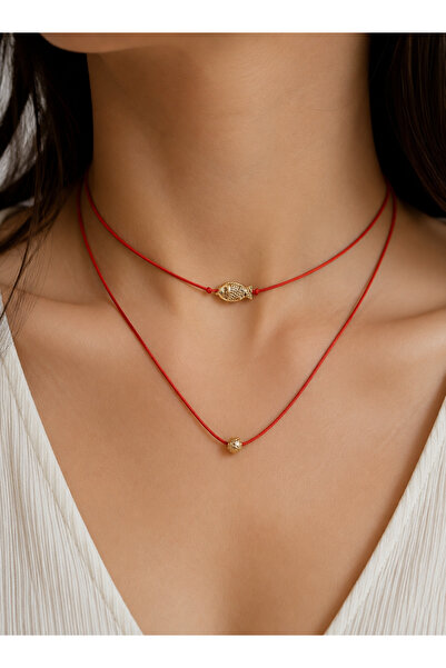 Femenino Red String Lacquer Coated Fish Tail Choker Necklace and Gold Dorika ...
