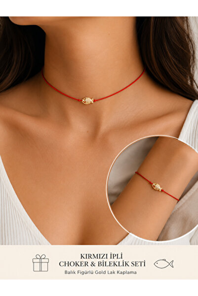 Femenino Red String Lacquer Coated Fish Figured Choker Necklace and Bracelet Set