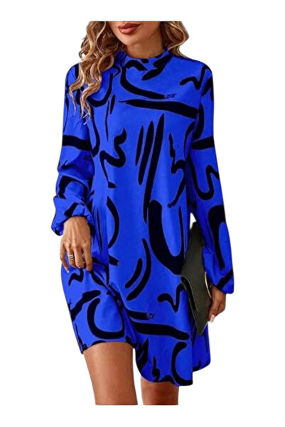 OEM Rochie casual, cu maneci lungi, scurta, albastru cu negru, L