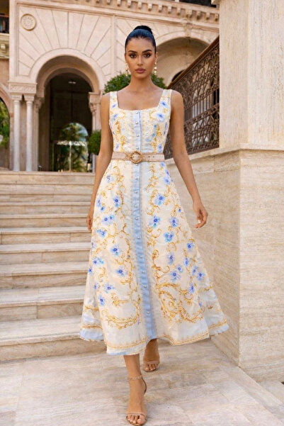 AsprinFashion Women's Imported Floral Patterned Belted Button Detailed Midi D...