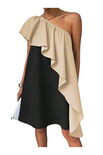 OEM Rochie eleganta, cu un umar gol, negru cu crem, scurta, M
