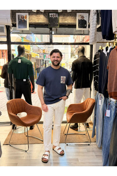 Erkek Lacivert Bisiklet Yaka Cep Detaylı Pamuklu Oversize Tişört Günlük Yazlık Basic T-Shirt