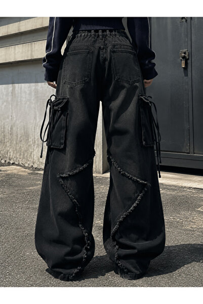 Yukatay Black Star Patched Vintage Cargo Pocket Baggy Jeans