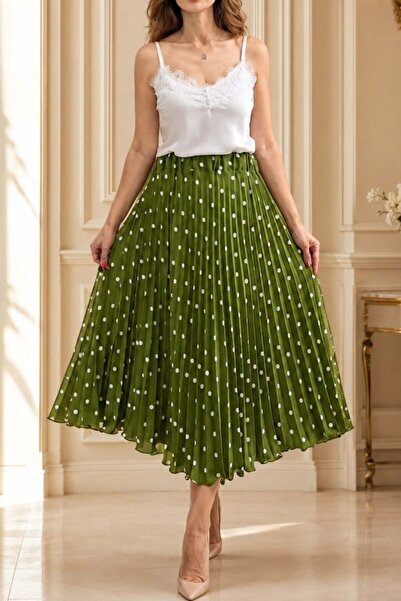 FashionForYou Κομψή πλισέ φούστα IRISSA, με πουά και μίντι μήκος, Πράσινο, Μέ...