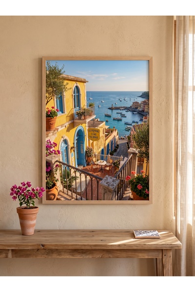 DEKORASOR Ahşap Çerçeveli Tablo Amalfi Kıyıları Deniz Ve Liman Manzaralı Salo...