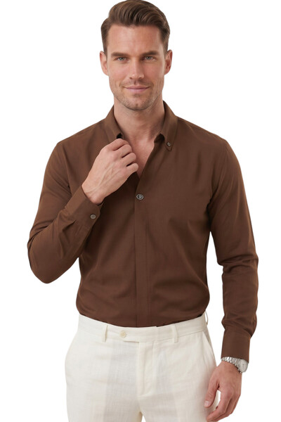 DeepSEA Brown Slim Fit Easy-Ironing Open Collar Lycra Men's Shirt 2602615