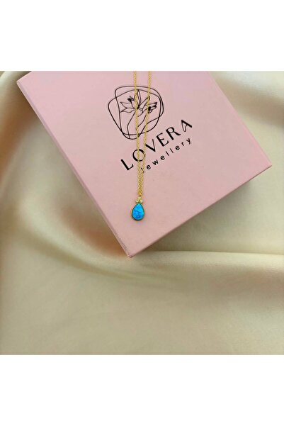 Lovera Jewellery 925 Ayar Gümüş Sertifikalı 14K Gold Renk Mavi Opal Taşlı Dam...
