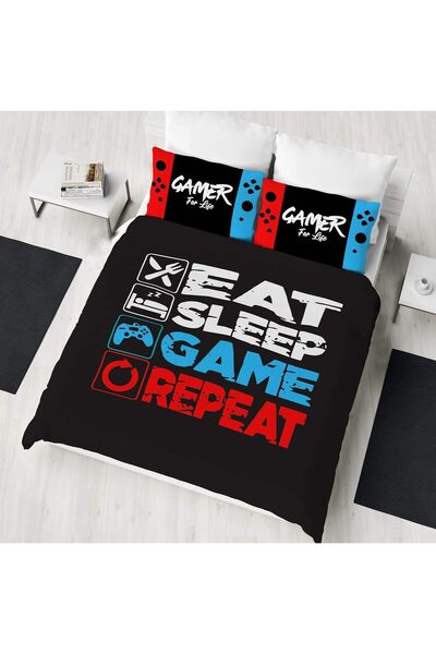 GAMER Double Duvet Cover - Eat Sleep Game Repeat Gaming Controller Design - R...