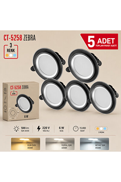 Cata CT-5257 Zebra Led Spot 3 Renk Işık Siyah Kasa 5 Adet
