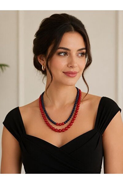 QUEENELA Lacivert ve kırmızı el yapımı kristal boncuklu kolye
