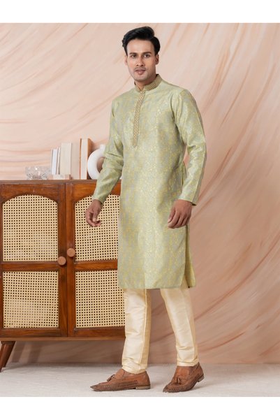Devoiler Mens Self Design Jacquard Silk Kurta Set