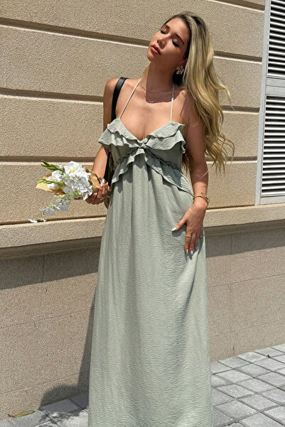 missamour Women's Sage Green Ruffled Linen Textured Maxi Strap Dress