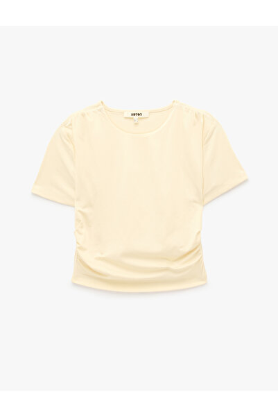 Koton Drape Detailed Slim Fit Crew Neck Short Sleeve Crop T-Shirt