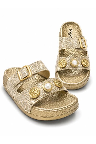 FLEXİS Women's Silver Glitter Single Buckle Orthopedic Sole Daily Slippers Si...
