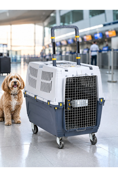 FERAH PLASTİK No:5 Büyük Boy Köpek Taşıma Kafesi Tekerlekli Çekçekli IATA Uyumlu Pet Taşıma Box 56x68x78 cm