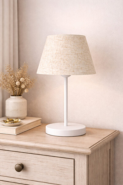 Eslight Abralight Modern Beyaz Ayak Masa Lambası Bej Kırçıllı Kumaş Abajur C568