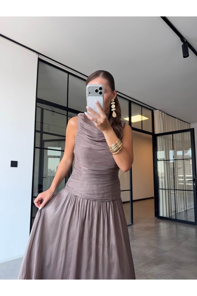 BB Bensu Buyruk Draped Shimmering Maxi Dress Mink
