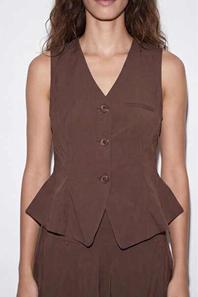 Quzu Women's Brown V-Neck Buttoned Modal Fabric Vest