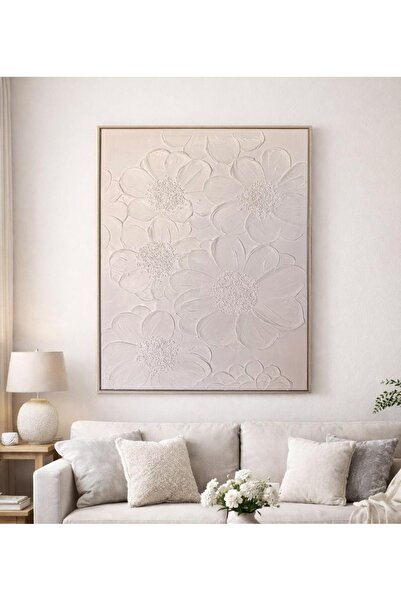 Afkar modern لوحة زهور بارزة ثلاثية الأبعاد (3D Floral Relief) – أبيض وبيج فا...
