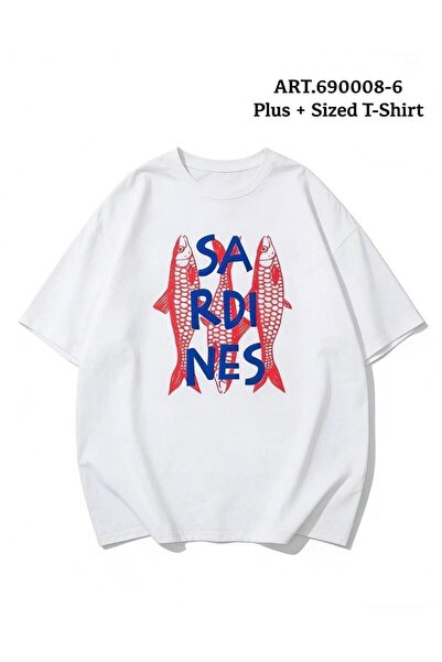 Vordevia Tricou unisex supradimensionat alb cu imprimeu Sardine, tricou de zi...