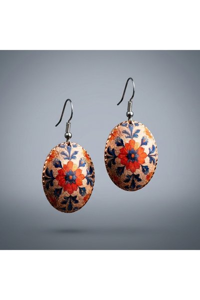 Erol Bakır Copper Blue Orange Floral Pattern Dangle Earrings