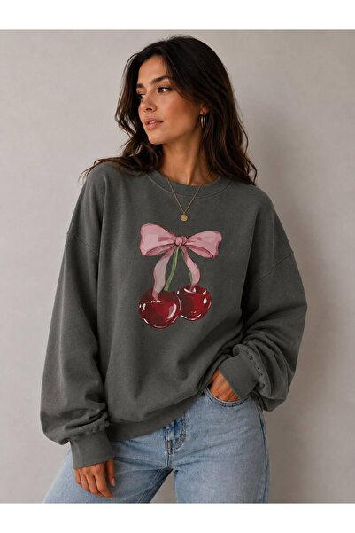 caddekombin Cherry and Ribbon Printed Green Sweatshirt with Hood and Kangaroo...