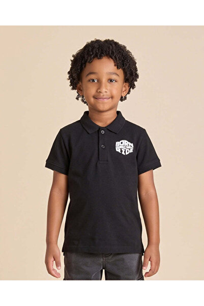 REDTAG Boys Black Chest Print Polo T-Shirt