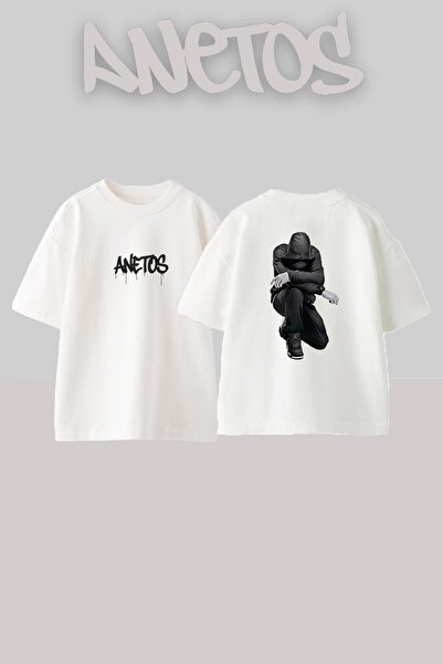 Anetos Crouching Hoodie Design Printed Unisex Oversize Fit White Tshirt