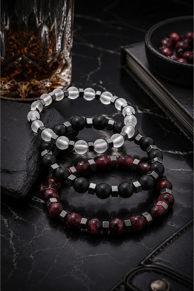 Sortie Aksesuar Erkek 3'lü Doğal Taş Bileklik Kombin Seti - Mat Oniks, Bordo ve Saydam Beyaz Doğal Taş Hematit Detaylı Unisex Premium Boncuk Bileklik