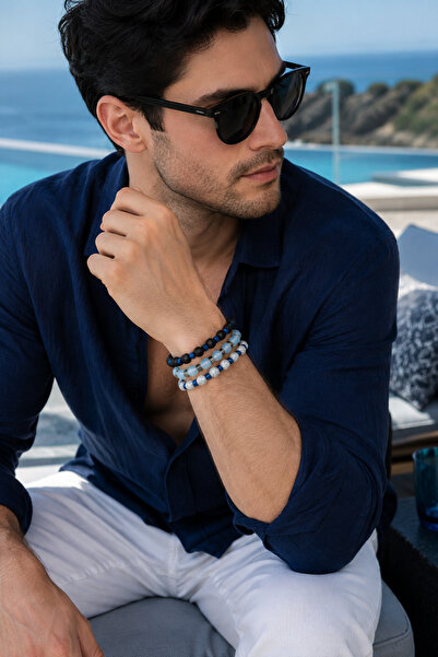 Sortie Aksesuar Erkek 3'lü Doğal Taş Bileklik Kombin Seti - Mat Oniks, Lapis Lazuli ve Buzlu Quartz Mavi Hematit Detaylı Unisex Premium Boncuk Bileklik