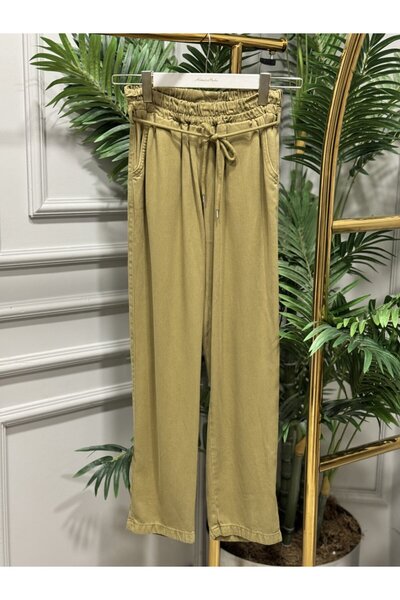 ALANURMODA 2803 Дънки с връзки на талията, тип  "морков ", маслено зелени