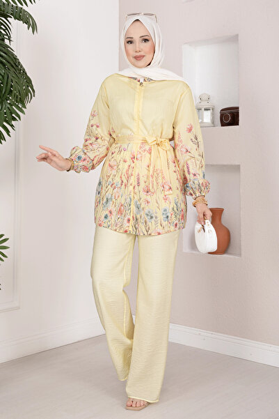EBRUTESETTÜR Floral Pattern Belted Tunic Trouser Set Yellow