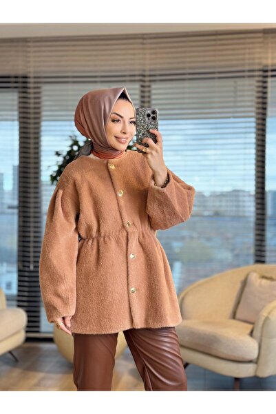 ALANURMODA 20723 Angora Collarless Coat with Metal Buttons on the Front Camel