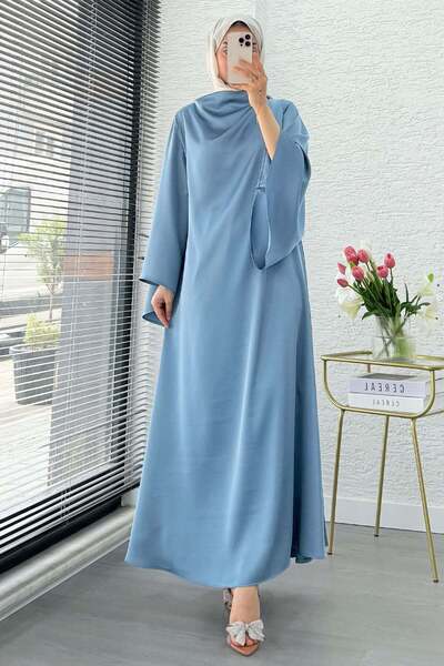 MELEK ARAZ Premium Degaje Collar Double-Sided Satin Dress - Blue